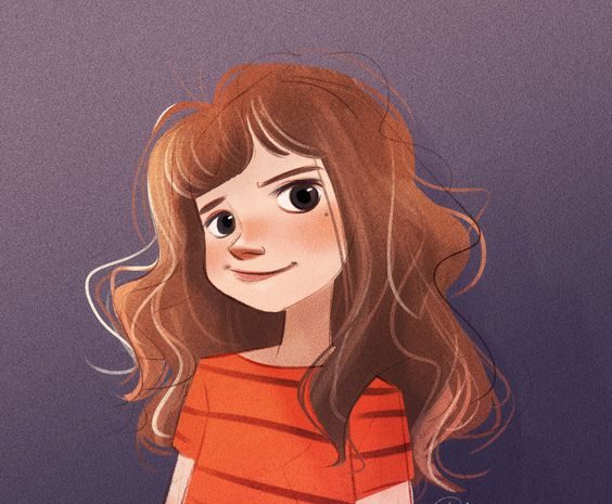 vörös hajú kislány, lila háttér előtt, narancssárga csíkos pólóban, rajzolt illusztráció