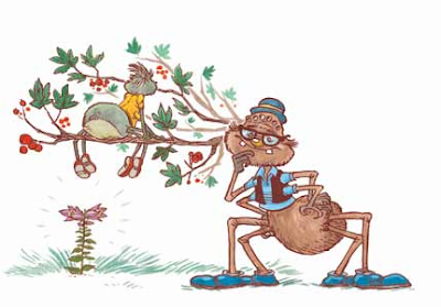 Szőnyi Gergely színes rajzán az látható, ahogyan Gáspár az öreg pók az állát vakargatva figyeli egy fa ágán ülő unokaöccsét, Leót.