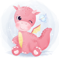 A képen egy aranyos, rózsaszín bébi sárkány rajzolt illusztrációja látható. Mosolyog és kacsint. A feje mellett egy aranyos kék kismadár repked. 