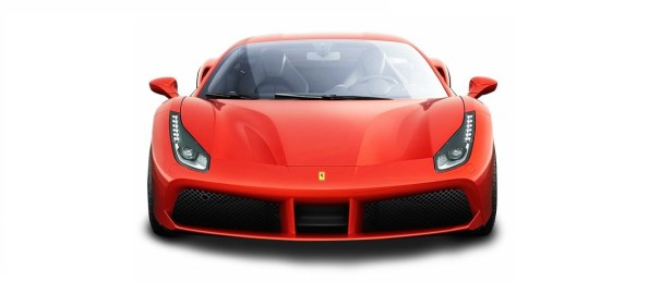 Tűzpiros Ferrari sportautó szemből. 